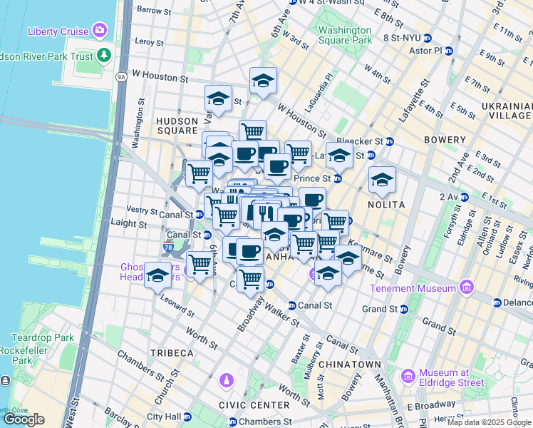 map of restaurants, bars, coffee shops, grocery stores, and more near 78 Grand Street in New York