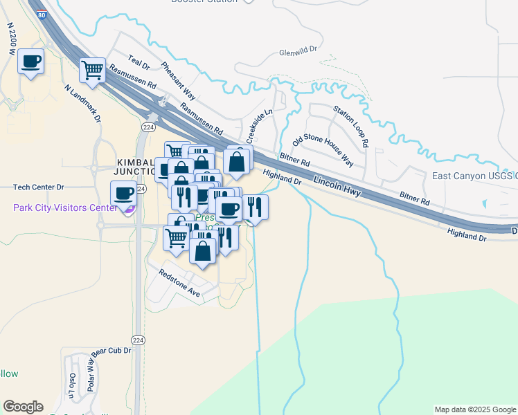 map of restaurants, bars, coffee shops, grocery stores, and more near 1258 Center Drive in Park City