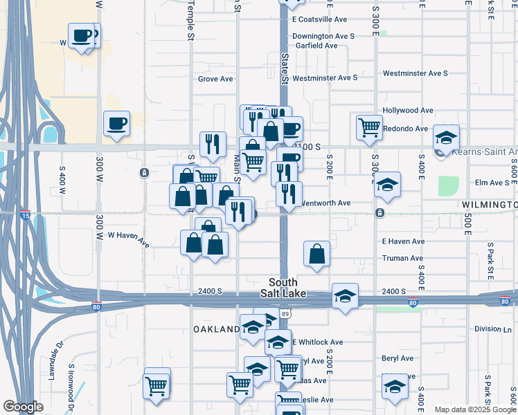 map of restaurants, bars, coffee shops, grocery stores, and more near 61 Central Pointe Place in South Salt Lake