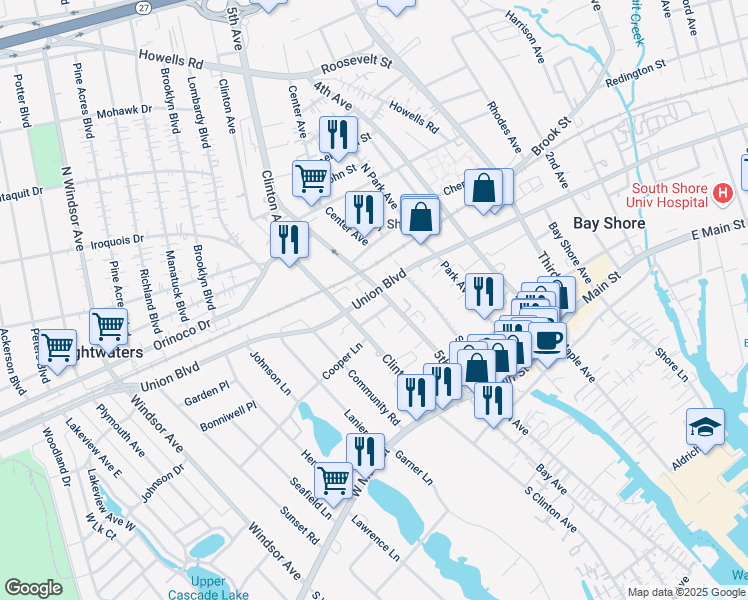 map of restaurants, bars, coffee shops, grocery stores, and more near 12 South Union Street in Bay Shore