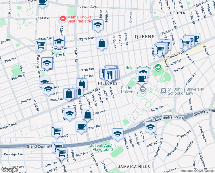 map of restaurants, bars, coffee shops, grocery stores, and more near 80-30 168th Street in Queens