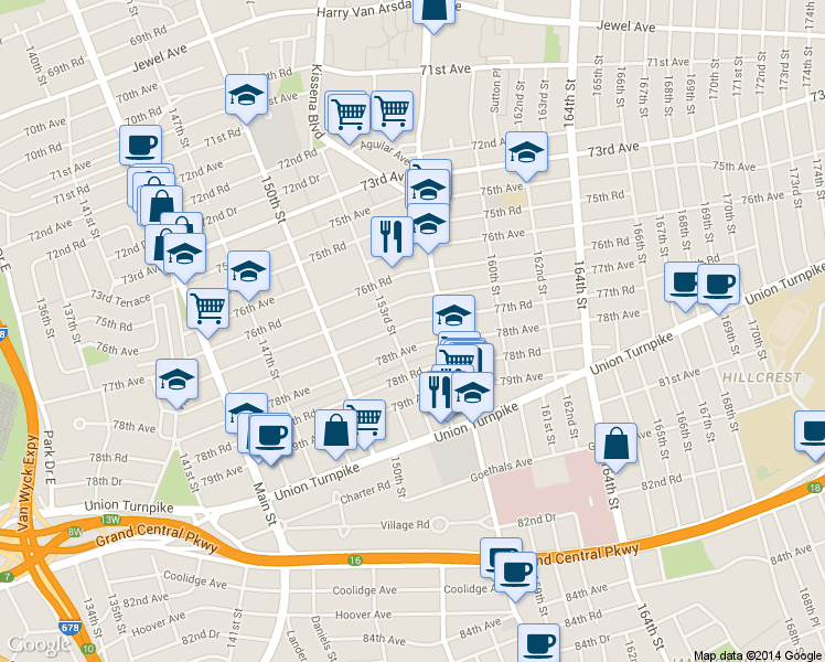 map of restaurants, bars, coffee shops, grocery stores, and more near 150-65 78th Avenue in Queens