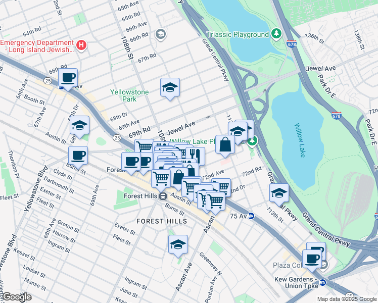 map of restaurants, bars, coffee shops, grocery stores, and more near 108-27 Queens Boulevard in Queens