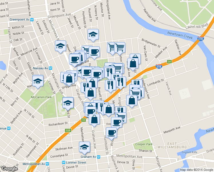 map of restaurants, bars, coffee shops, grocery stores, and more near 187 Engert Avenue in Brooklyn
