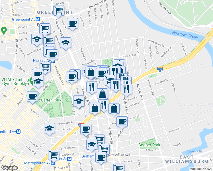 map of restaurants, bars, coffee shops, grocery stores, and more near 161 Engert Avenue in Brooklyn
