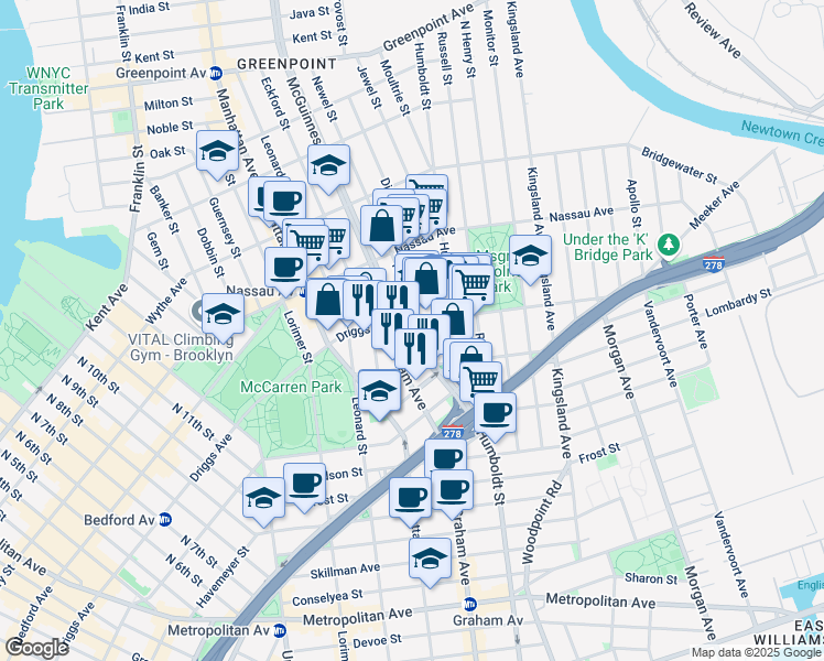 map of restaurants, bars, coffee shops, grocery stores, and more near 4 Broome Street in Brooklyn