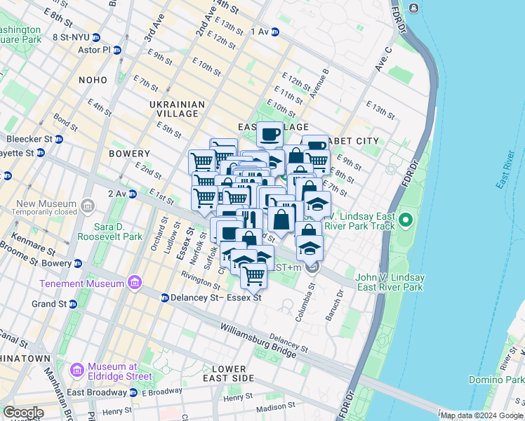 map of restaurants, bars, coffee shops, grocery stores, and more near 242 East 3rd Street in New York