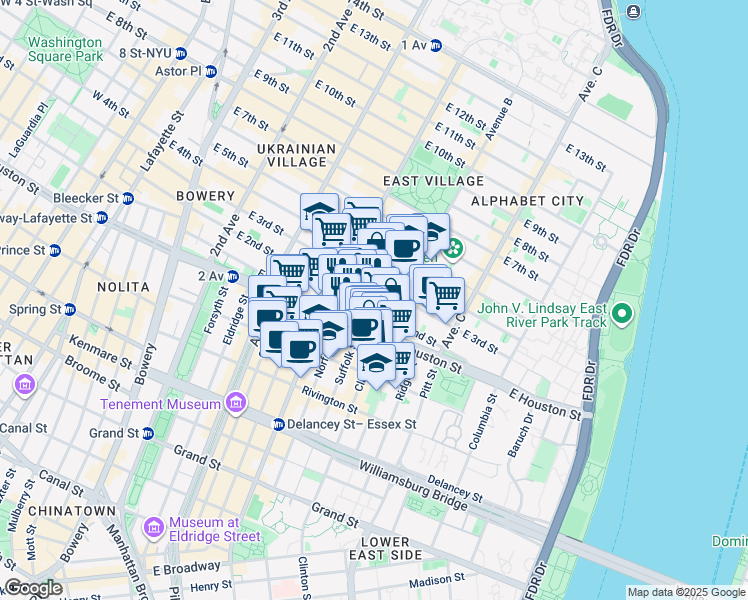 map of restaurants, bars, coffee shops, grocery stores, and more near 250 East Houston Street in New York