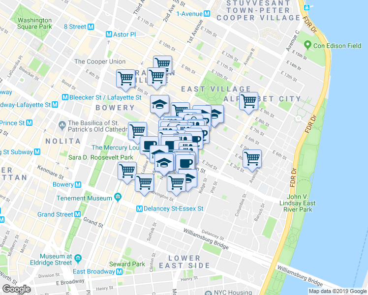 map of restaurants, bars, coffee shops, grocery stores, and more near 250 East Houston Street in New York