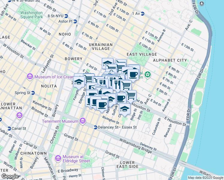 map of restaurants, bars, coffee shops, grocery stores, and more near 11 A Avenue in New York