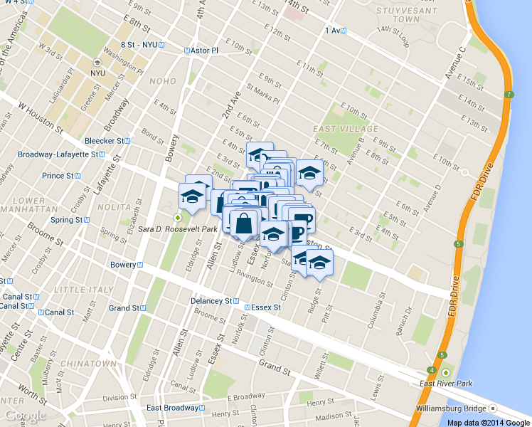 map of restaurants, bars, coffee shops, grocery stores, and more near 11 A Avenue in New York