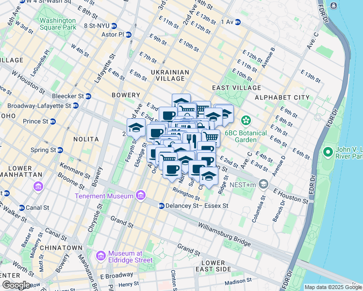 map of restaurants, bars, coffee shops, grocery stores, and more near 11 A Avenue in New York