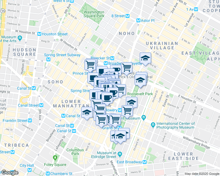 map of restaurants, bars, coffee shops, grocery stores, and more near 234 Mott Street in New York