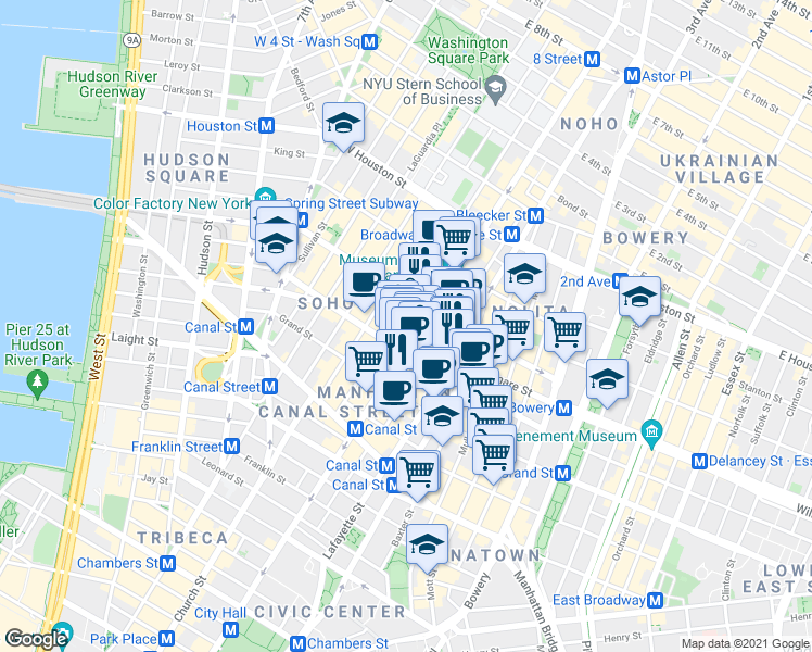 map of restaurants, bars, coffee shops, grocery stores, and more near 494 Broadway in New York