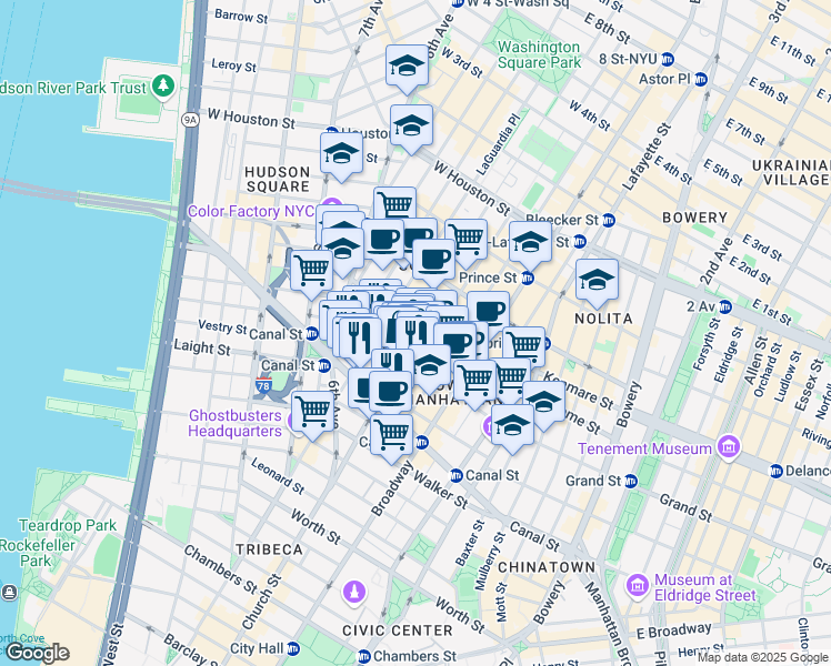 map of restaurants, bars, coffee shops, grocery stores, and more near 78 Grand Street in New York