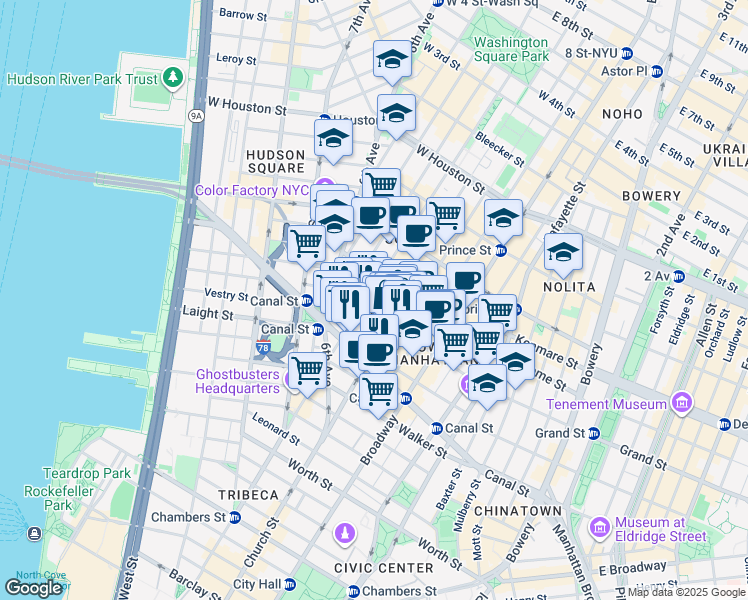 map of restaurants, bars, coffee shops, grocery stores, and more near 78 Grand Street in New York