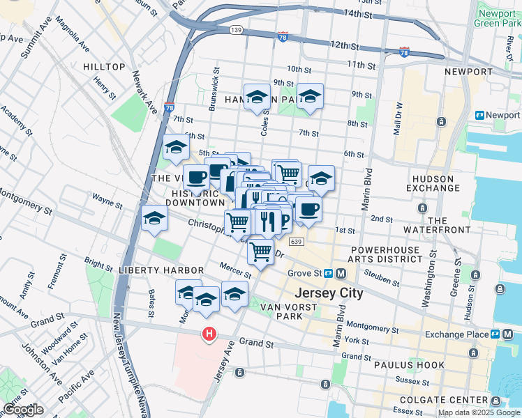 map of restaurants, bars, coffee shops, grocery stores, and more near 240 County Road 639 in Jersey City