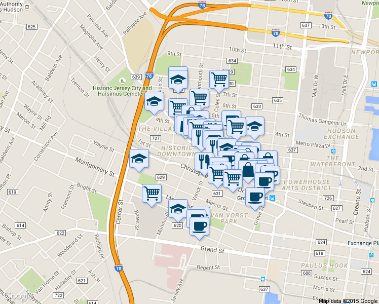 map of restaurants, bars, coffee shops, grocery stores, and more near 327 1st Street in Jersey City
