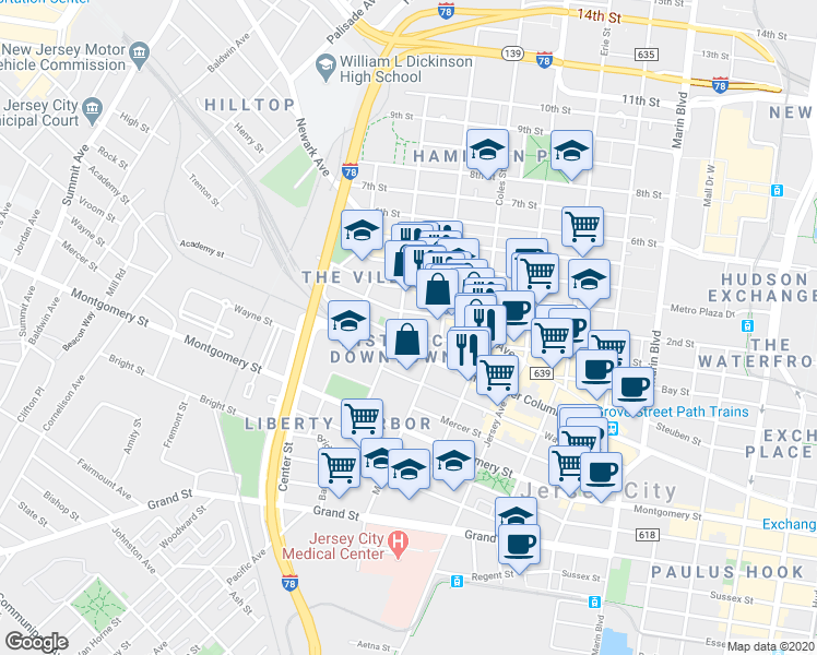 map of restaurants, bars, coffee shops, grocery stores, and more near 357 1st Street in Jersey City