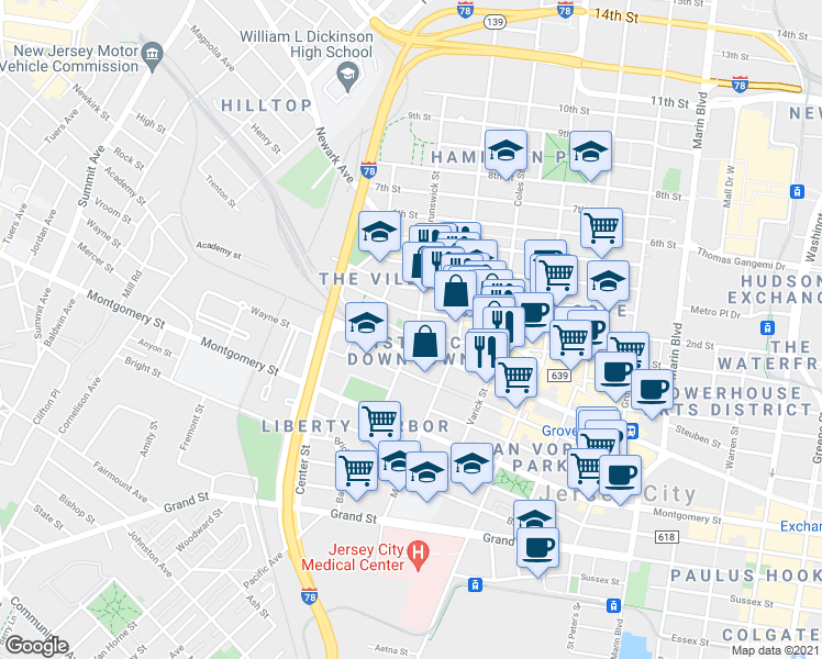 map of restaurants, bars, coffee shops, grocery stores, and more near 357 1st Street in Jersey City