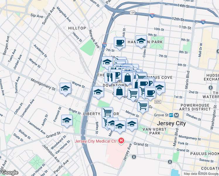 map of restaurants, bars, coffee shops, grocery stores, and more near in Jersey City
