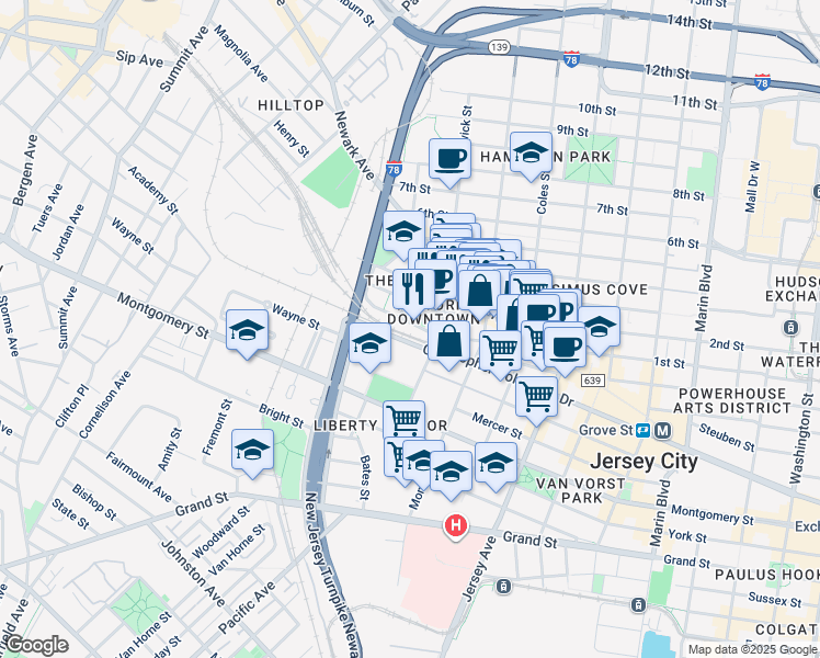 map of restaurants, bars, coffee shops, grocery stores, and more near in Jersey City