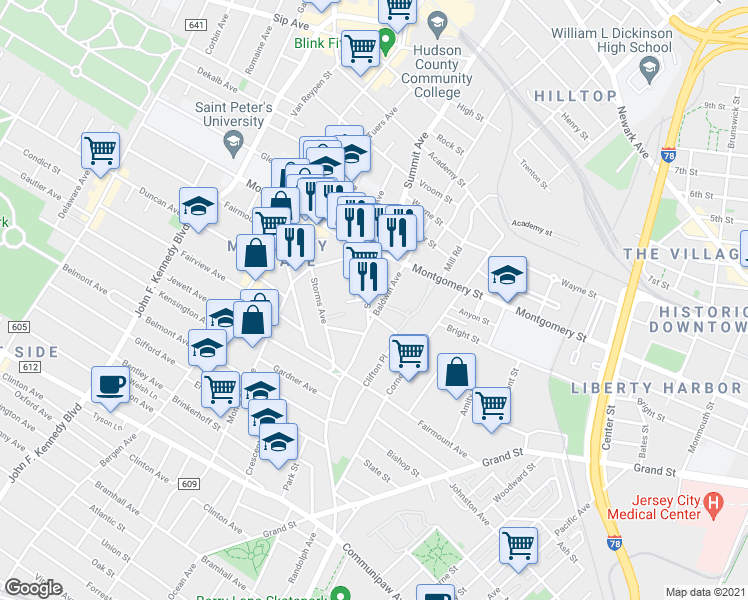 map of restaurants, bars, coffee shops, grocery stores, and more near in Jersey City