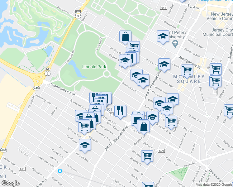 map of restaurants, bars, coffee shops, grocery stores, and more near 128 Bentley Avenue in Jersey City