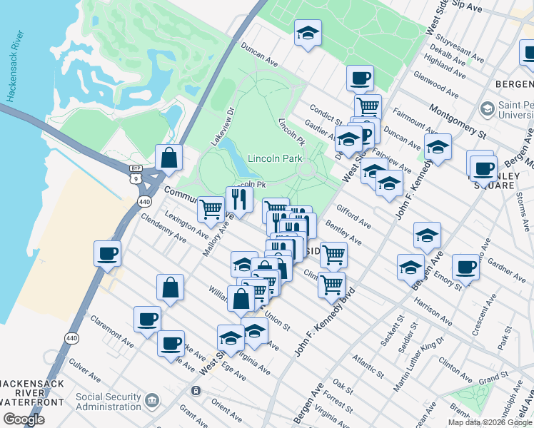 map of restaurants, bars, coffee shops, grocery stores, and more near 862 Communipaw Avenue in Jersey City