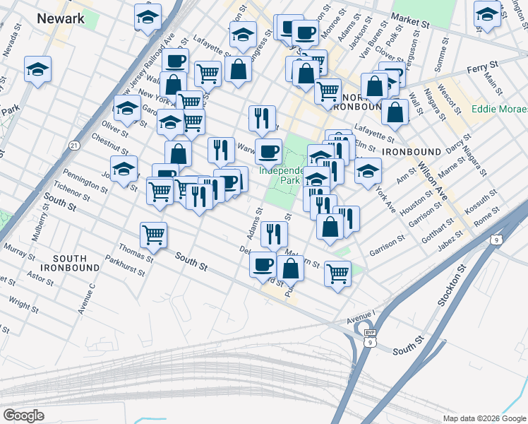 map of restaurants, bars, coffee shops, grocery stores, and more near 338-344 Chestnut Street in Newark