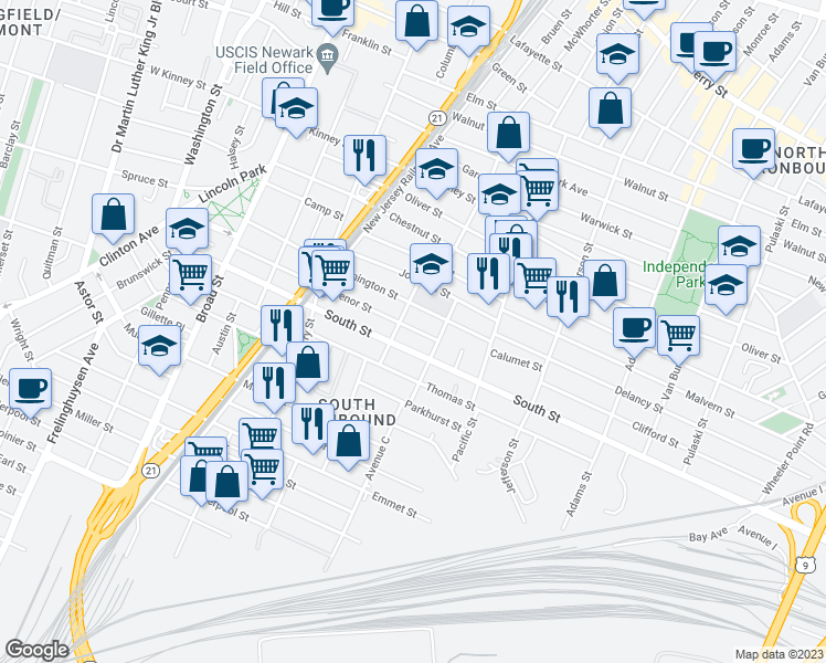 map of restaurants, bars, coffee shops, grocery stores, and more near in Newark