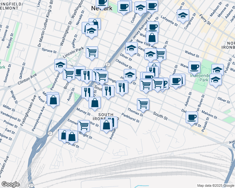 map of restaurants, bars, coffee shops, grocery stores, and more near in Newark