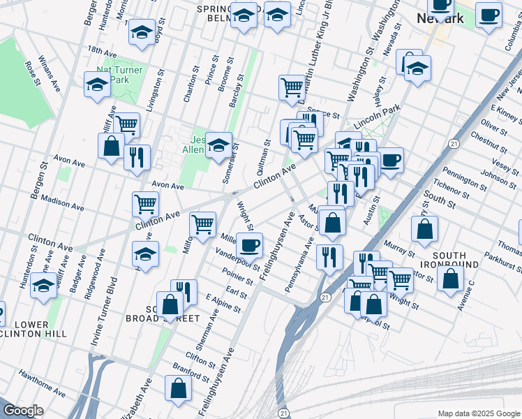 map of restaurants, bars, coffee shops, grocery stores, and more near 89 Sherman Avenue in Newark