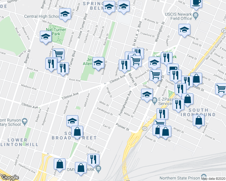 map of restaurants, bars, coffee shops, grocery stores, and more near 89 Sherman Avenue in Newark
