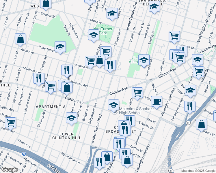 map of restaurants, bars, coffee shops, grocery stores, and more near 353 Clinton Avenue in Newark