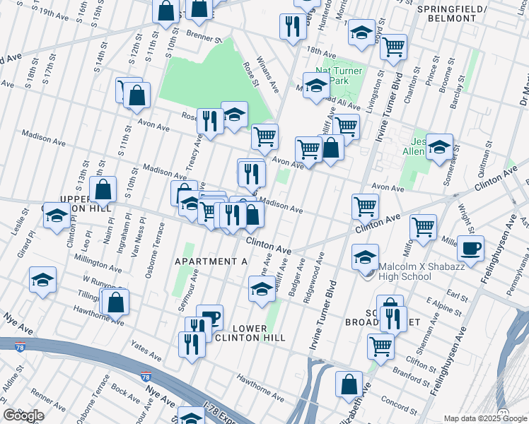 map of restaurants, bars, coffee shops, grocery stores, and more near 629 Hunterdon Street in Newark