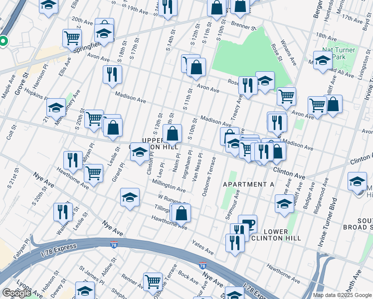 map of restaurants, bars, coffee shops, grocery stores, and more near 29 Nairn Place in Newark