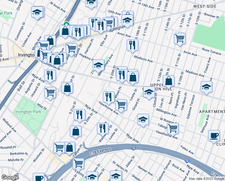 map of restaurants, bars, coffee shops, grocery stores, and more near 60 Beverly Street in Newark