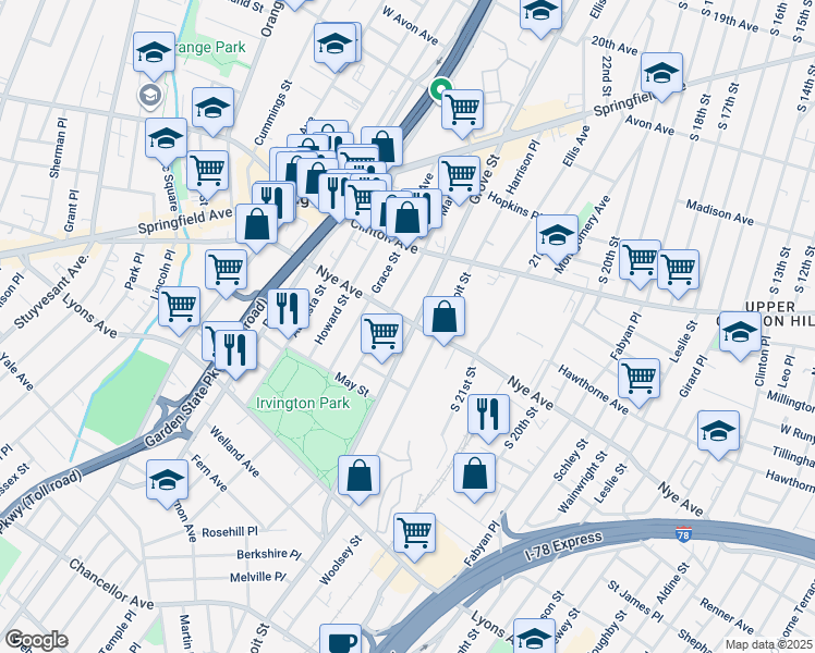 map of restaurants, bars, coffee shops, grocery stores, and more near 1090 County Road 509 in Irvington
