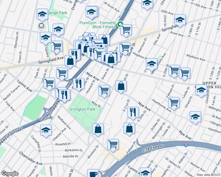 map of restaurants, bars, coffee shops, grocery stores, and more near 1090 County Road 509 in Irvington