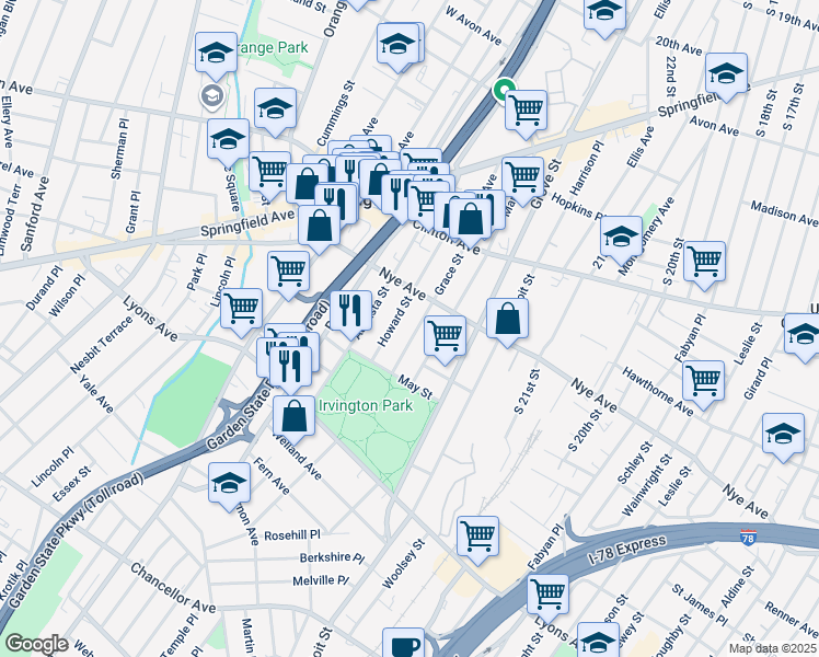 map of restaurants, bars, coffee shops, grocery stores, and more near 100 Howard Street in Irvington