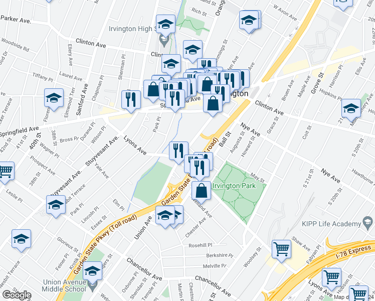 map of restaurants, bars, coffee shops, grocery stores, and more near 727 Lyons Avenue in Irvington