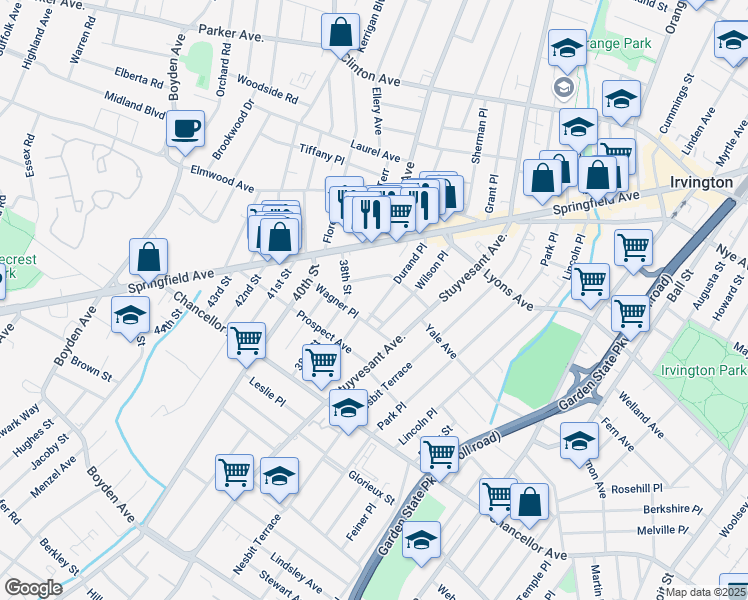 map of restaurants, bars, coffee shops, grocery stores, and more near 6 Edmund Place in Irvington