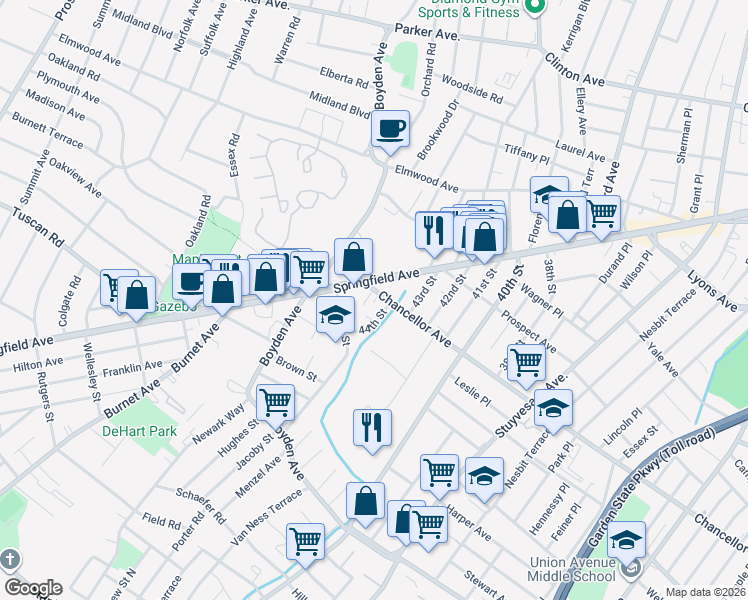 map of restaurants, bars, coffee shops, grocery stores, and more near 19 44th Street in Maplewood