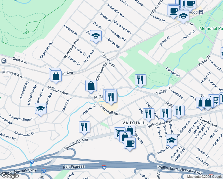 map of restaurants, bars, coffee shops, grocery stores, and more near 100 Millburn Avenue in Essex County