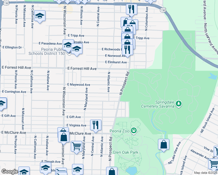 map of restaurants, bars, coffee shops, grocery stores, and more near 1207 East Corrington Avenue in Peoria