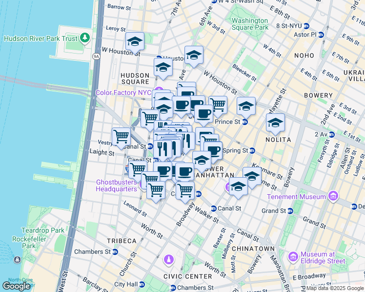 map of restaurants, bars, coffee shops, grocery stores, and more near 323 West Broadway in New York