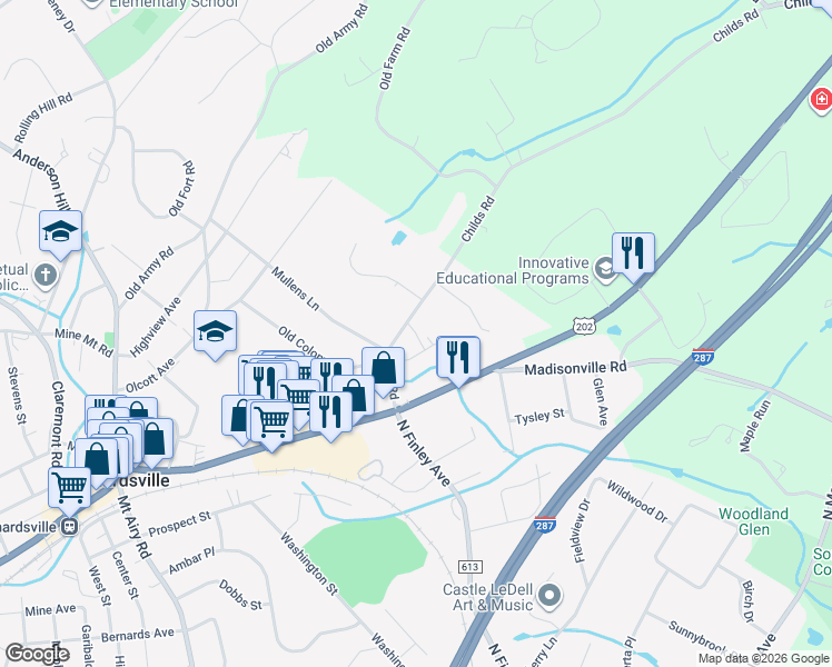 map of restaurants, bars, coffee shops, grocery stores, and more near 6B Somerset Hills Village in Bernardsville