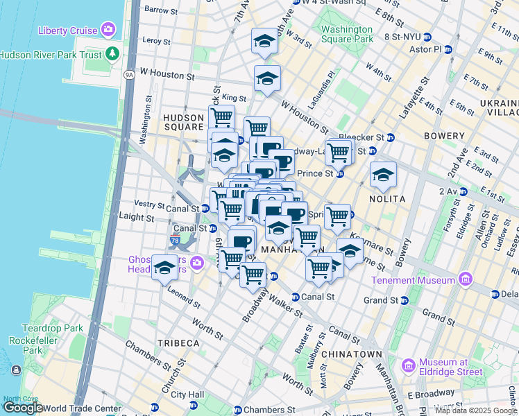map of restaurants, bars, coffee shops, grocery stores, and more near 78 Grand Street in New York