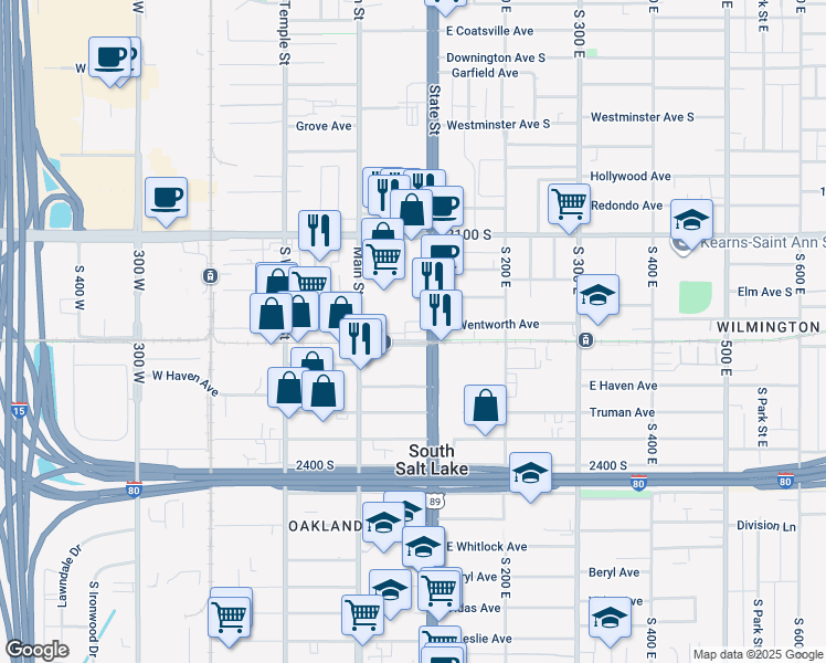 map of restaurants, bars, coffee shops, grocery stores, and more near 99 E Central Pointe Place in South Salt Lake
